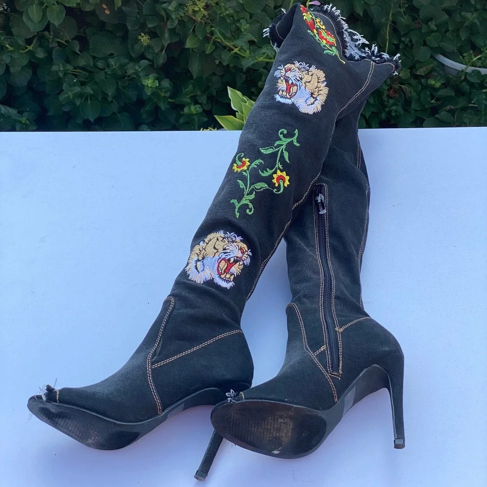 Edgy Indie Sleaze Black Denim Over The Knee Boots Tiger Floral Embroidered - 6M